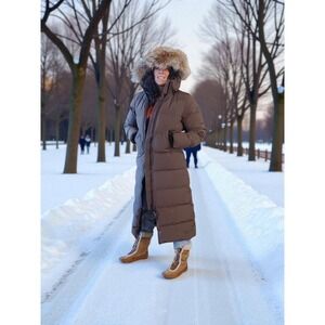 Canada Goose Full Length Women Coat Parka Goose Fill Fox Fur VTG 3035L R Brown